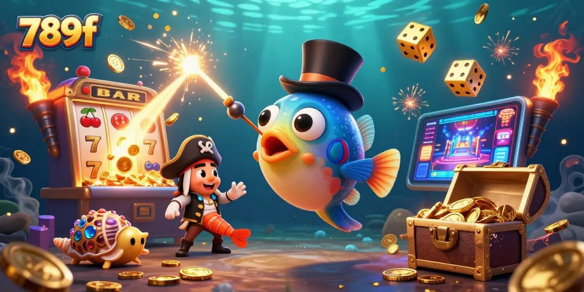 Experience thrilling slots at 789f with a dynamic underwater casino scene featuring golden treasures.