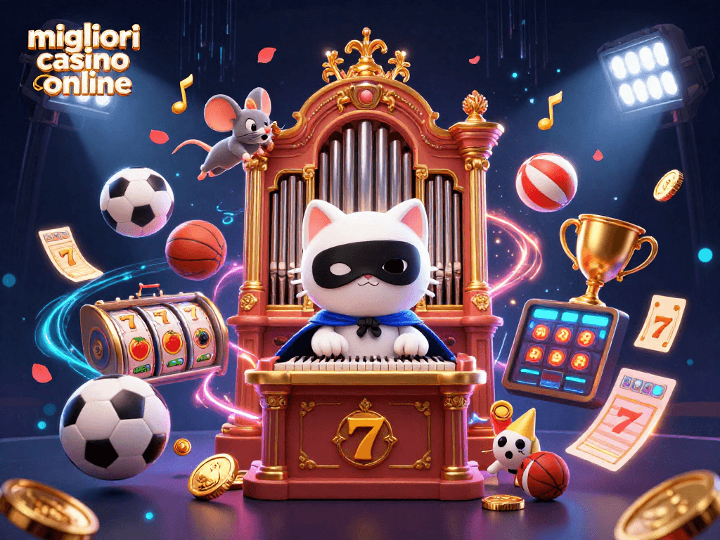 Gioca nei migliori casino online con un'illustrazione coinvolgente di un gatto fantasma e acrobati.