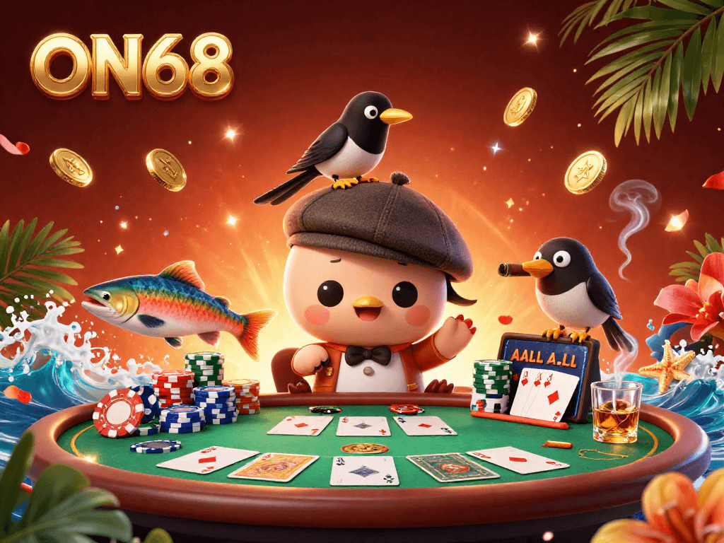 Engage with ON68's gaming excitement as Nessie, a magpie, and tartan salmon enjoy a vibrant poker scene.