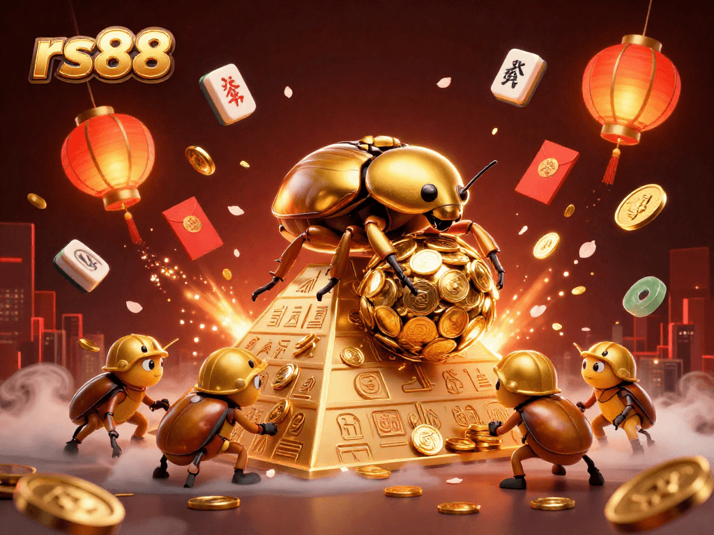 Spin and win at rs88 with golden beetles and vibrant casino elements in a dynamic 3D illustration.