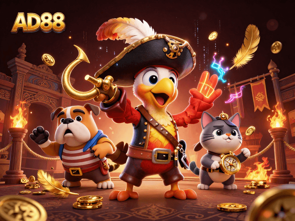 Engage in thrilling gaming adventures with AD88, featuring vibrant casino characters in action.