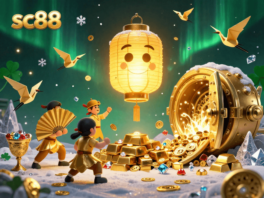 Experience sc88 excitement with vibrant lanterns, golden treasures, and casino elements in this 3D illustration.