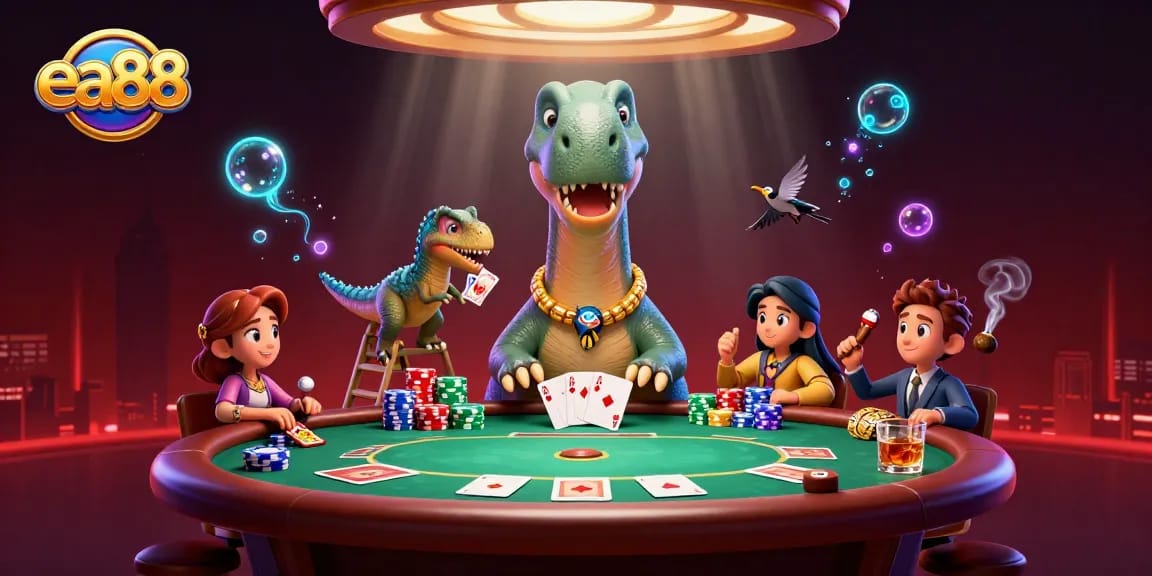 Engage in thrilling poker moments at ea88 with a vibrant 3D casino scene featuring a clever raptor dealing cards.