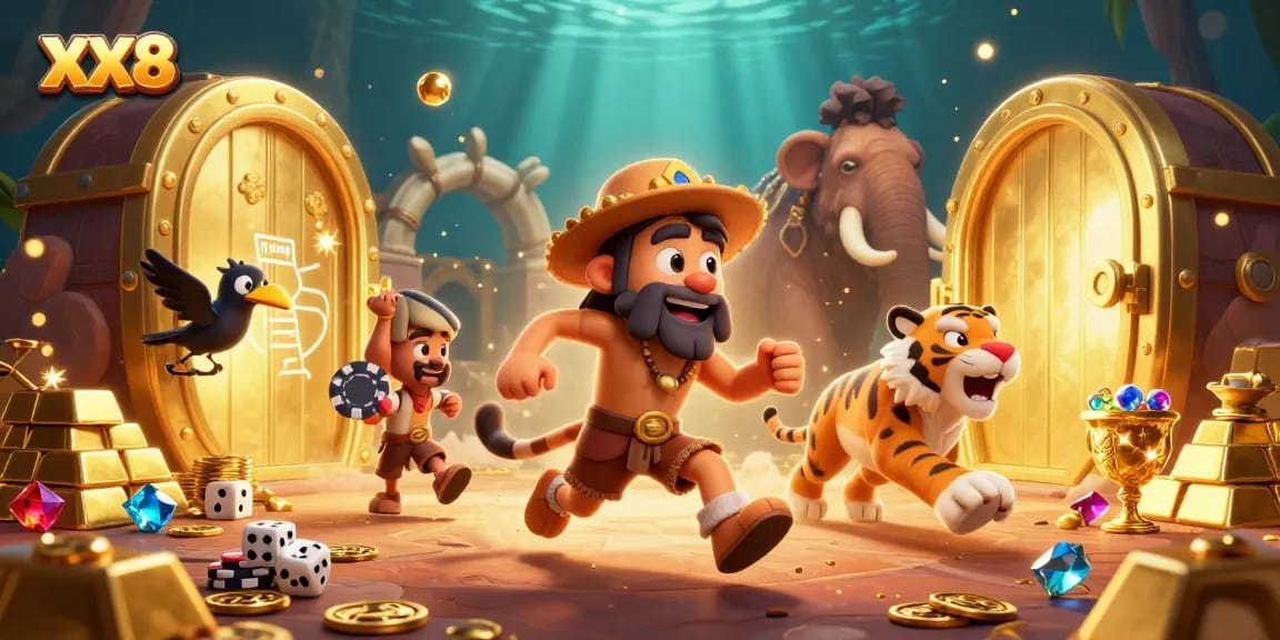 Experience thrilling gaming action at XX8 with a vibrant prehistoric casino scene featuring 3D characters and gems.
