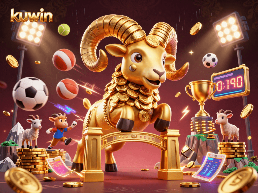 kuwin offers thrilling sports betting excitement with a massive golden ram charging through the scene