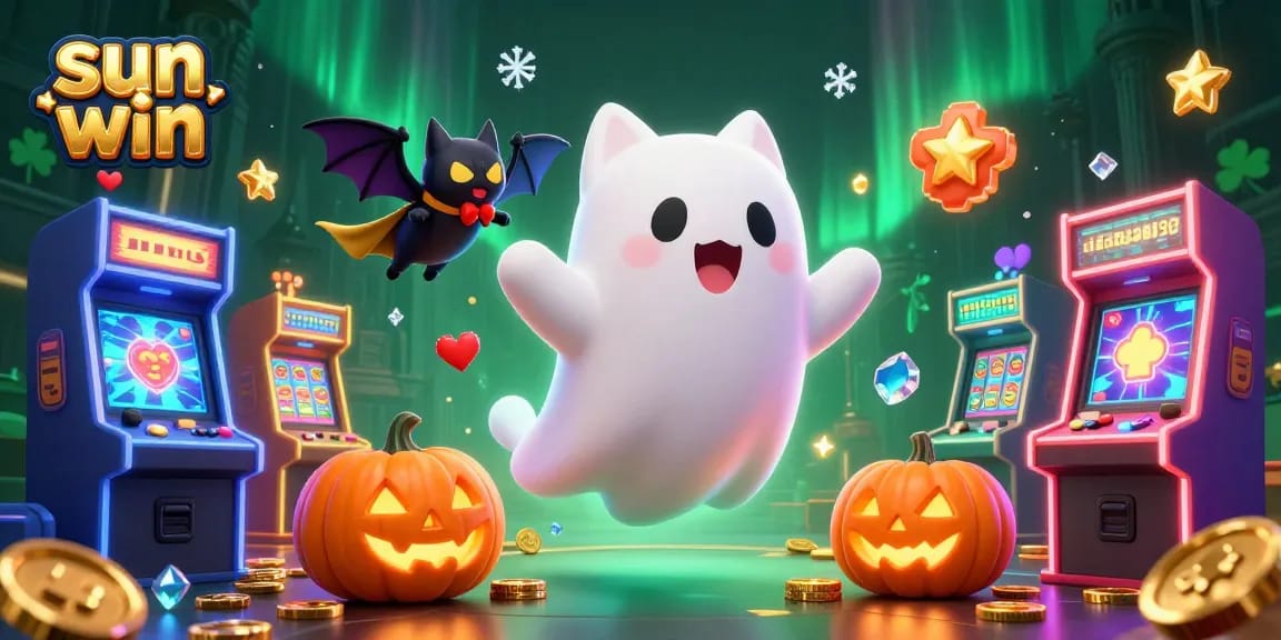 Immerse in sun win's magical gaming experience with ghost cat and vampire bat in a haunted casino.