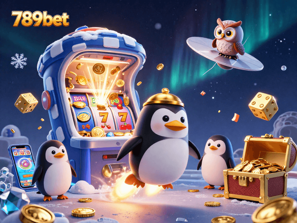 Experience the thrill of 789bet with a golden penguin and thrilling casino elements in 3D.