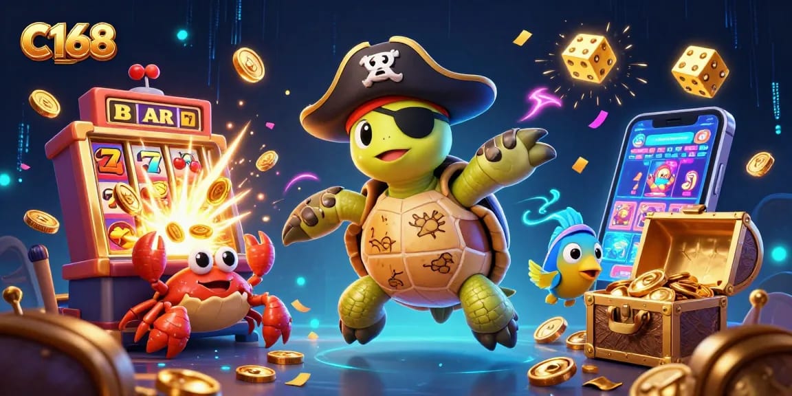 C168 captures a thrilling casino experience with a pirate turtle and friends amidst dynamic slot machine action.