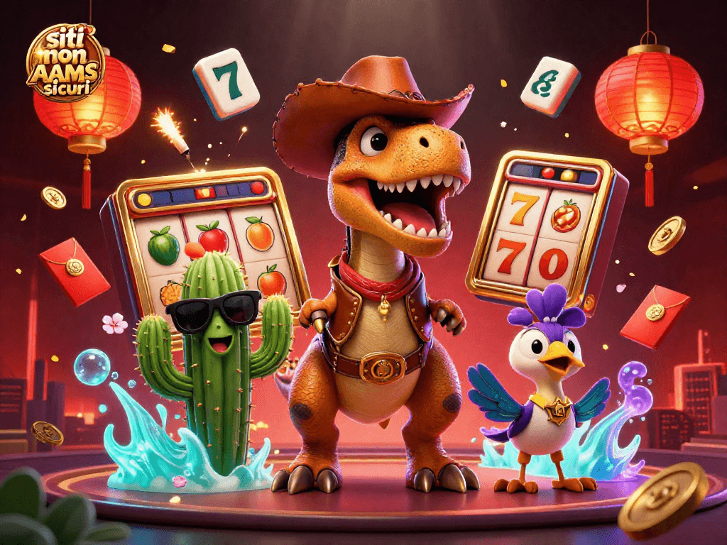 Gioca sui siti non AAMS sicuri con un T-Rex cowboy e dettagli scintillanti nel mondo del gioco.