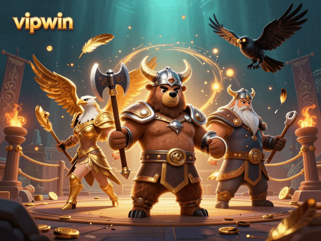 Experience thrilling gameplay at vipwin with a dynamic scene showcasing a Viking bear and eagle among casino elements.