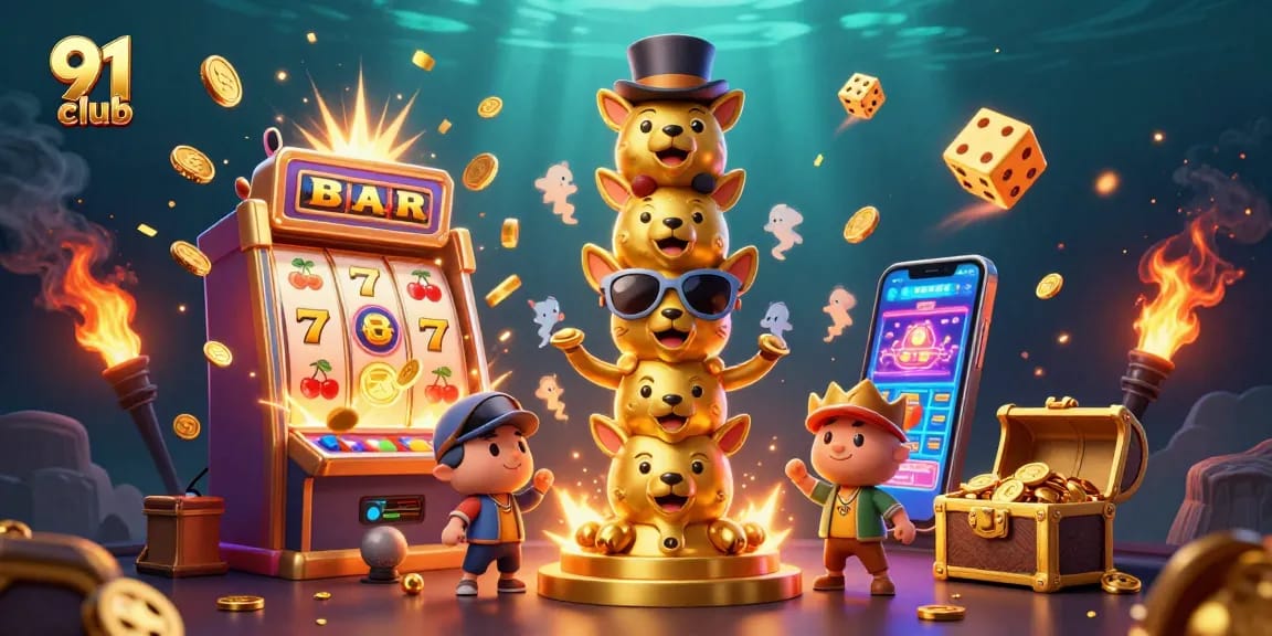 Experience exciting gaming adventures at 91 club with vibrant slot machines and lively animated characters.