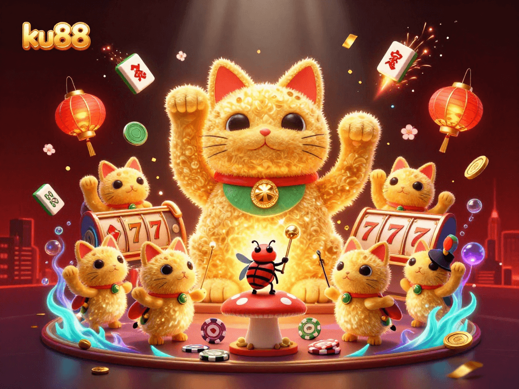 Experience the vibrant energy of ku88 with golden fireflies forming a lucky cat in a dazzling casino scene.