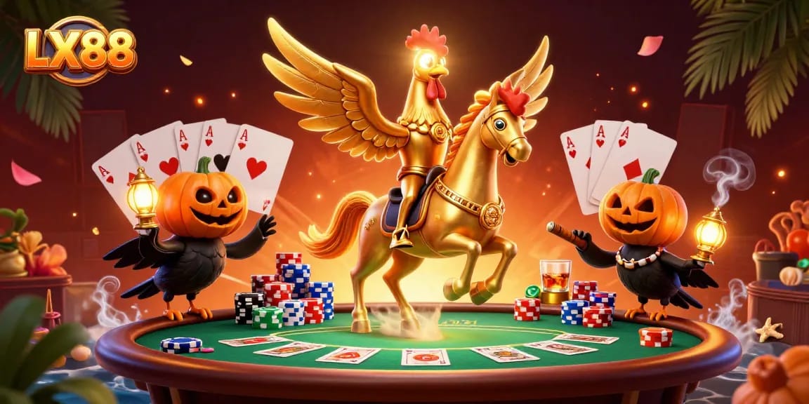 Play thrilling games at LX88, where a golden rooster leads the action in a vibrant casino scene.