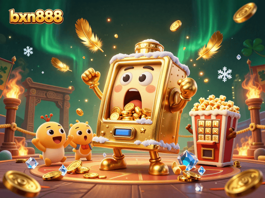 Experience the exciting gameplay of bxn888 with the dynamic golden slot machine hitting a jackpot amid cheerful companions.