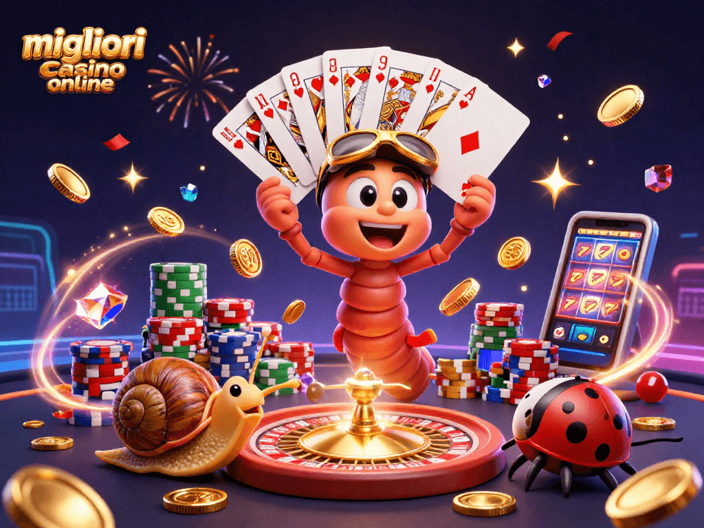 Immagine festosa dei migliori casino online con un millipede dealer, una lumaca ad alto bankroll e tanti elementi di gioco.