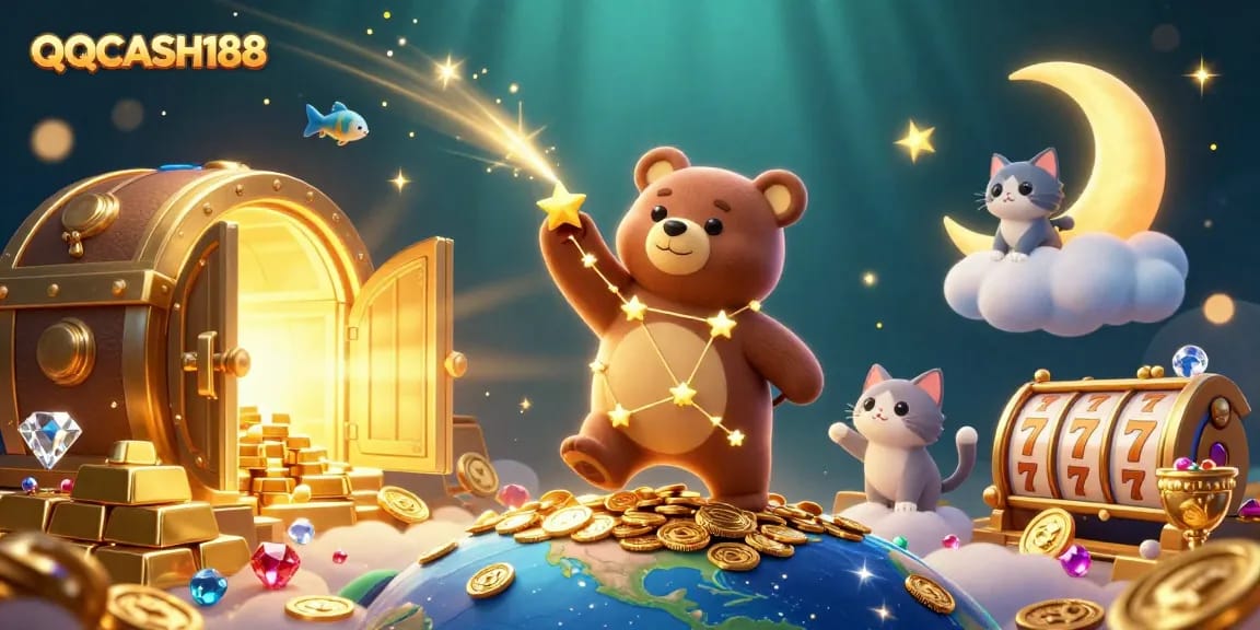 Players win big at QQCASH188 with 3D cartoon constellation bear swimming through riches.