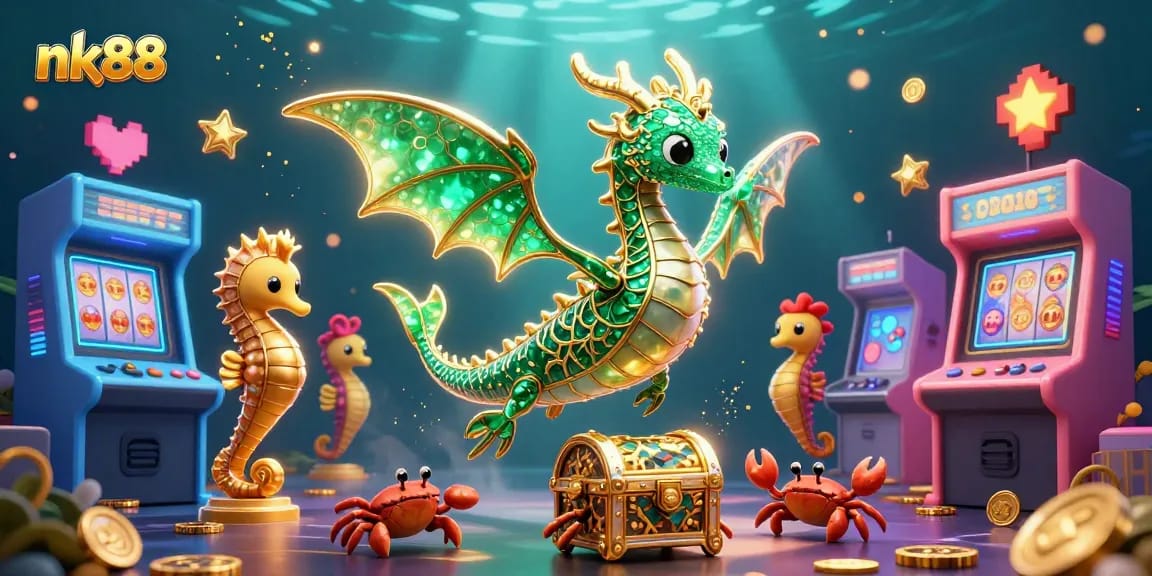 Experience the thrill of gambling with nk88's vibrant gaming scene featuring a unique sea dragon and casino elements.