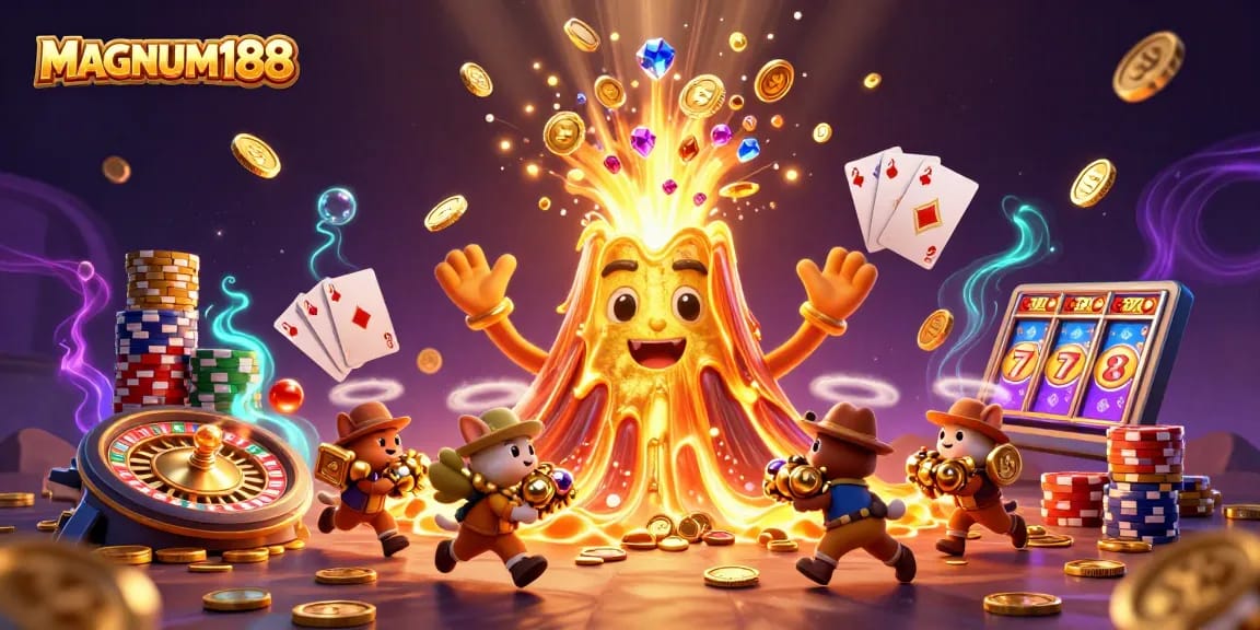 Win big with MAGNUM188 as the golden volcano erupts treasures and gaming excitement!
