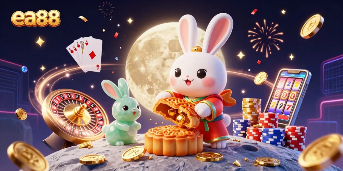 Experience thrilling gaming at ea88 with a whimsical moon rabbit revealing poker chips in a captivating casino atmosphere.
