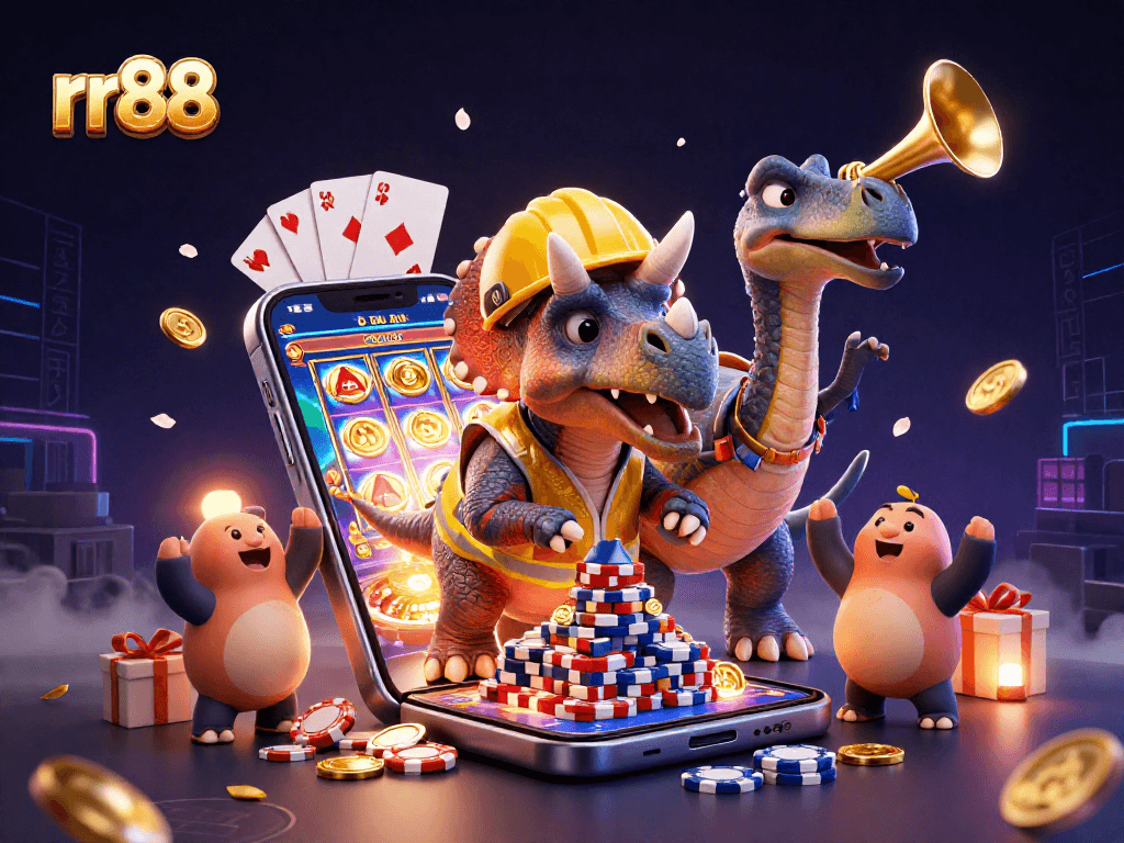 rr88 celebrates with a triceratops building poker chip pyramid, showcasing vibrant casino elements.