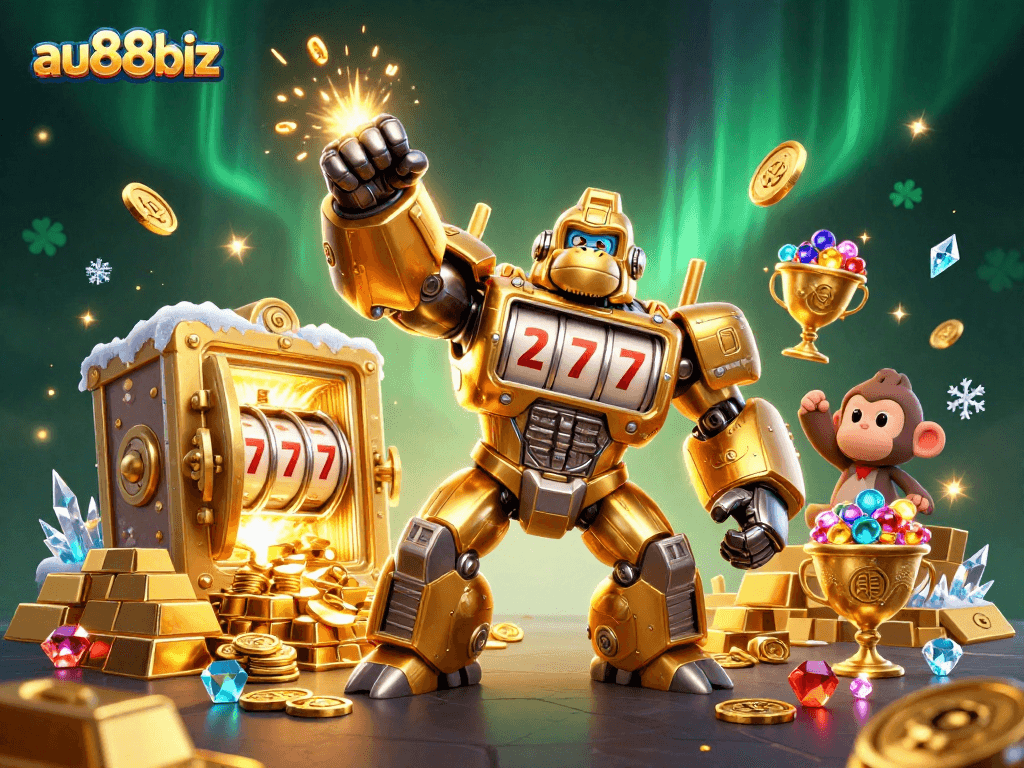 Experience exciting jackpots at au88biz with a golden gorilla mech and treasure galore.
