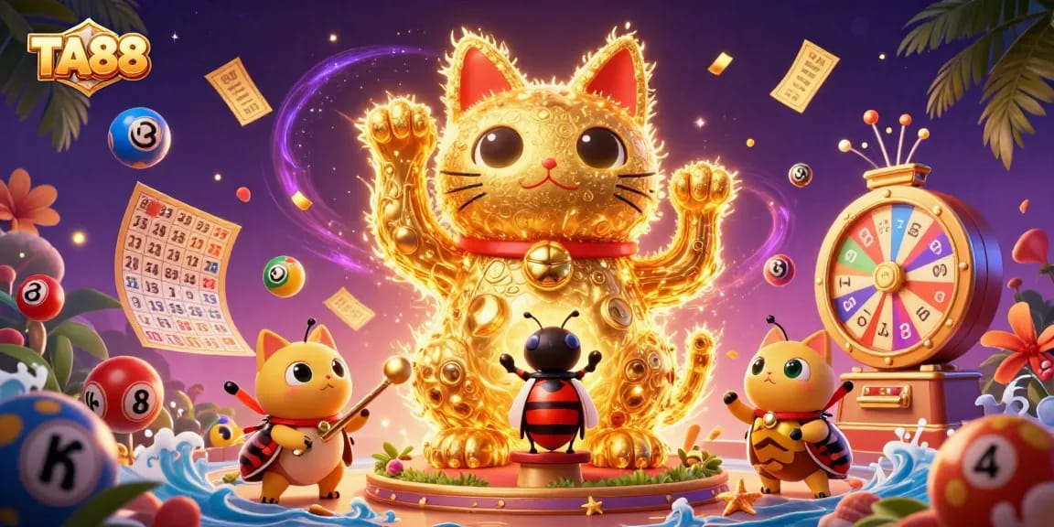TA88 brings excitement with a cartoon lucky cat among vibrant casino symbols and dynamic lottery elements.