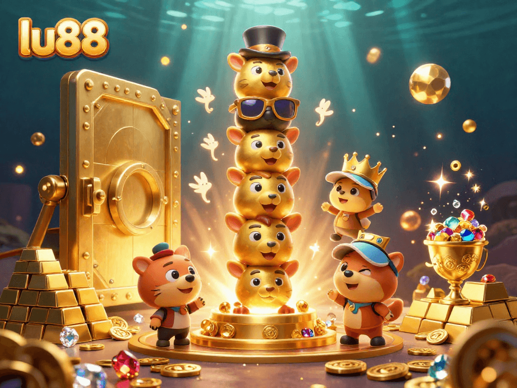 Experience thrilling wins with lu88 in this captivating casino-themed illustration featuring golden treasures and a cartoon totem pole.