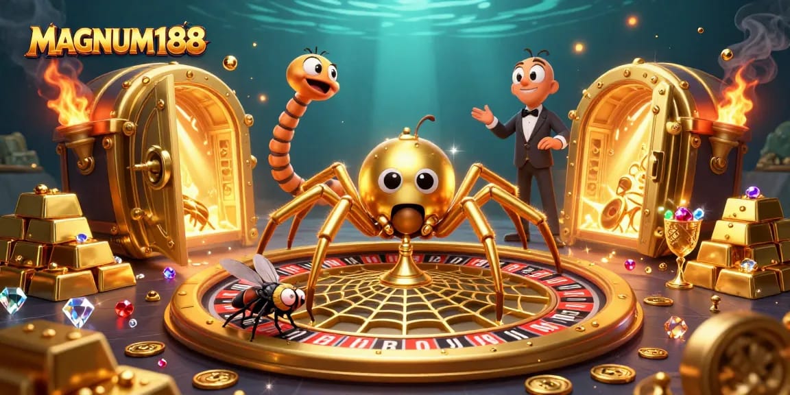 Bet big and win with MAGNUM188, featuring a golden spider at a roulette web and a centipede croupier.