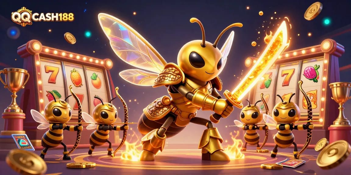Experience the thrilling world of QQCASH188 with a dynamic 3D casino illustration showcasing vibrant game elements and characters.