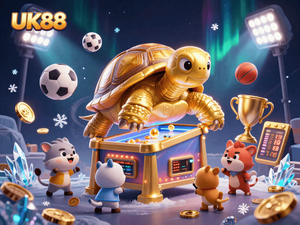 UK88 showcase vibrant animals playing a pinball turtle game among sports elements.