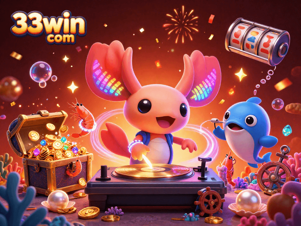 Dive into fun with 33win com as an axolotl DJ spins dynamic slot reels in a lively underwater casino scene.