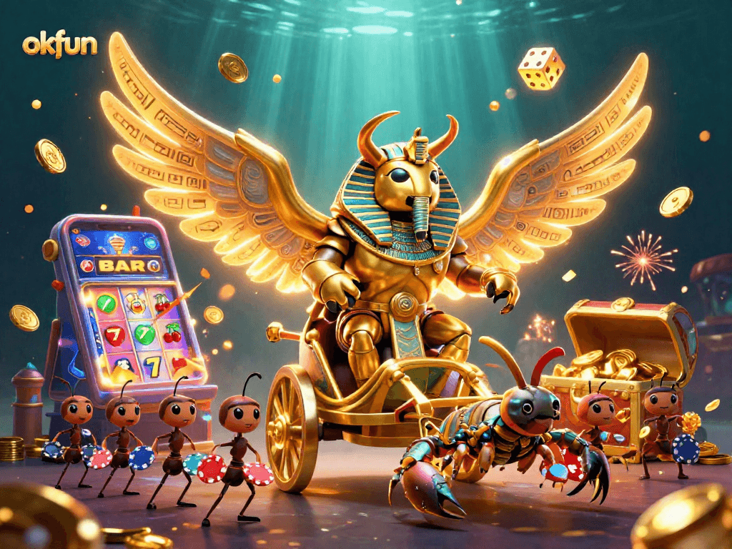 Experience the thrills of okfun casino gaming with vibrant imagery of jackpots and 3D characters.