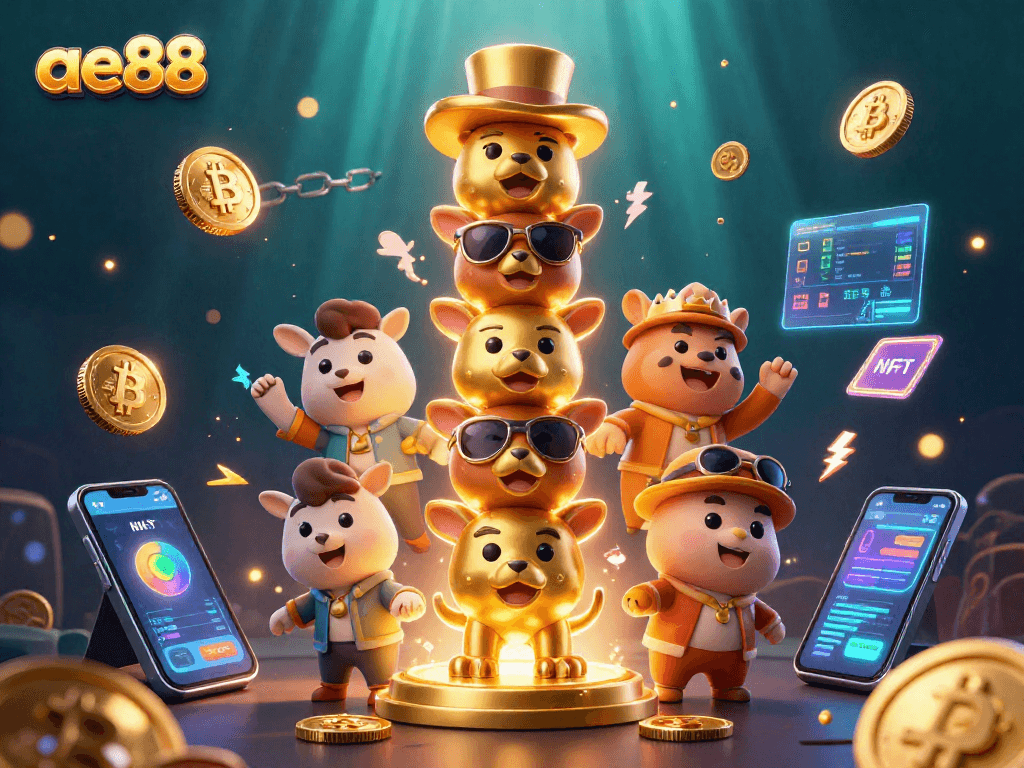 Experience ae88's vibrant 3D casino world with animated totem and crypto elements.