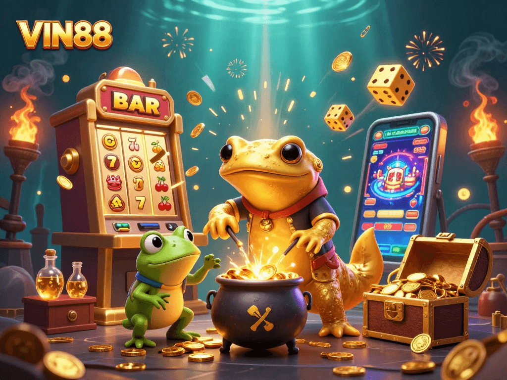Experience the excitement of VIN88 as golden creatures create winning moments in a vibrant casino.