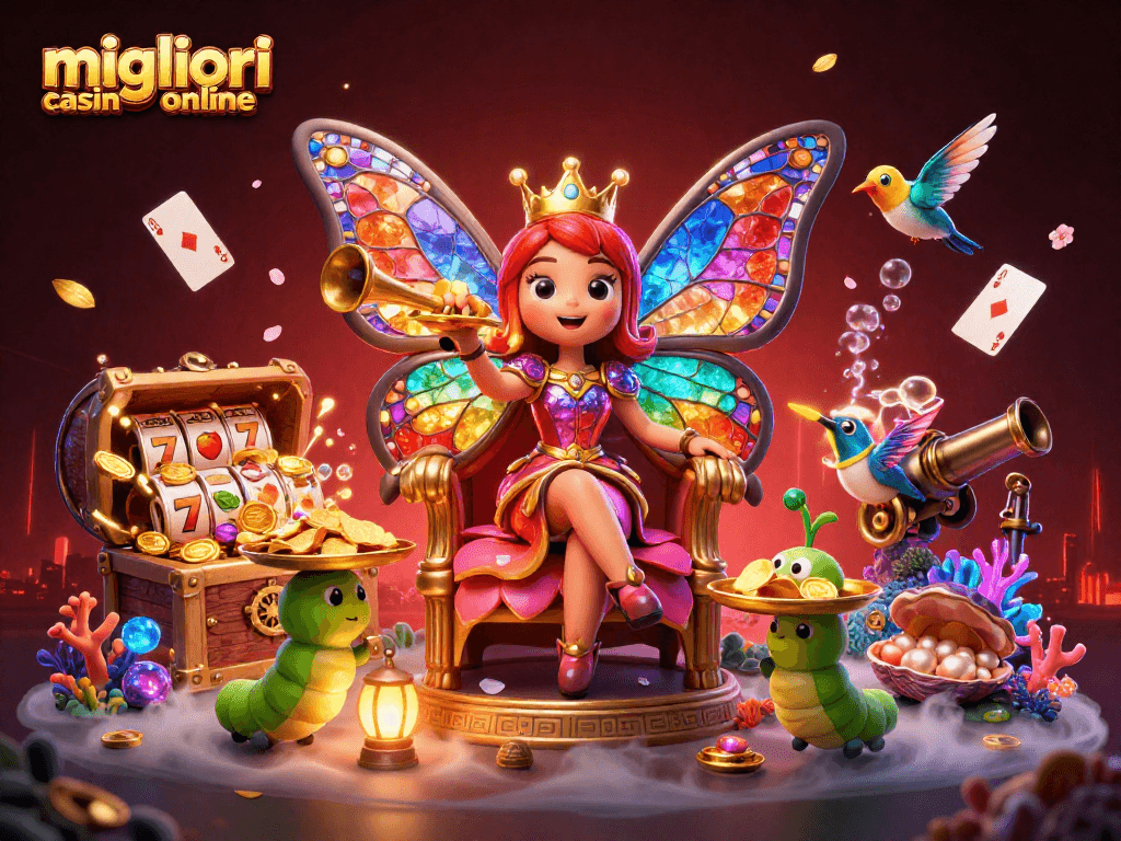 Scopri i migliori casino online con la regina farfalla e jackpot scintillanti in un'illustrazione vivace.