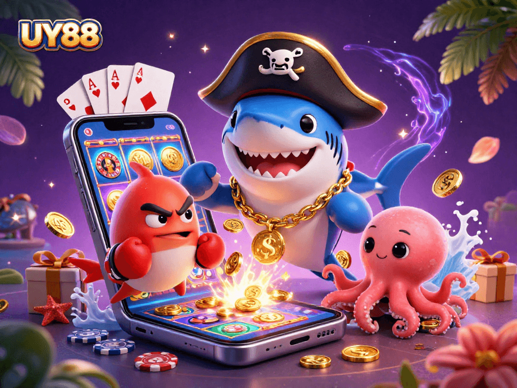 Experience thrilling gambling action with UY88 in an exciting underwater casino scene.