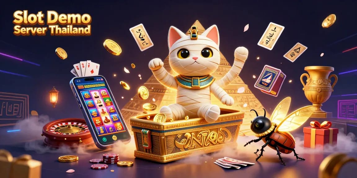Engage with Slot Demo Server Thailand, featuring an Egyptian mummy cat in a bustling casino scene.