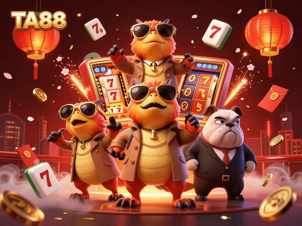 Win big with TA88 in a vibrant casino scene featuring playful raptors trying to sneak in