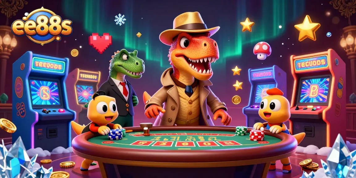 Play alongside ee88s in an exciting casino scene with animated characters at a blackjack table.