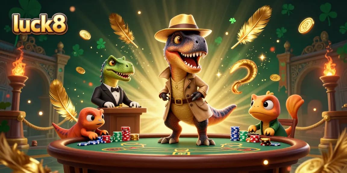 Luck8's engaging 3D casino scene showcases a velociraptor card counter at a blackjack table.