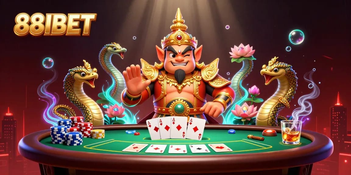 Engage in thrilling poker action with 88IBET featuring unique characters and vibrant casino elements.