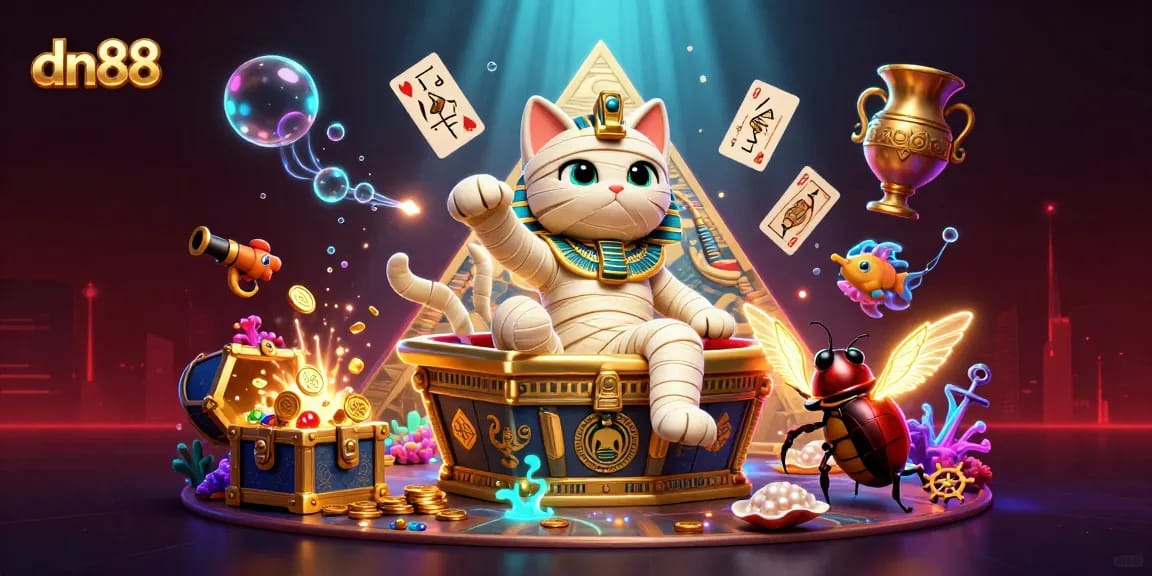 Win big with dn88 at a vibrant pyramid casino showcasing an Egyptian mummy cat and treasure chests.