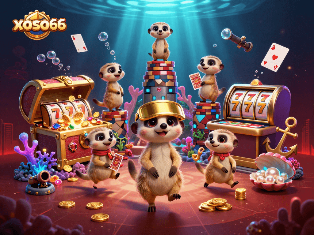 Experience excitement with xoso66's online gaming through lively meerkat characters in a vibrant casino scene.