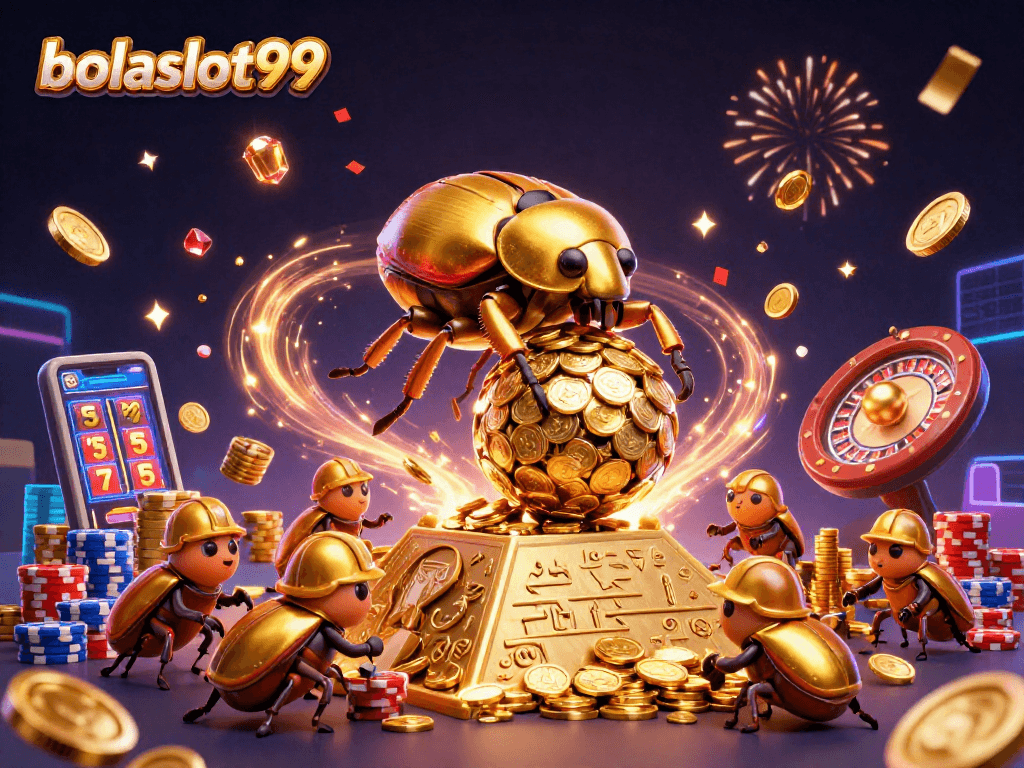 Experience thrilling wins at bolaslot99 with gold coins and slot machines in this lively casino scene.
