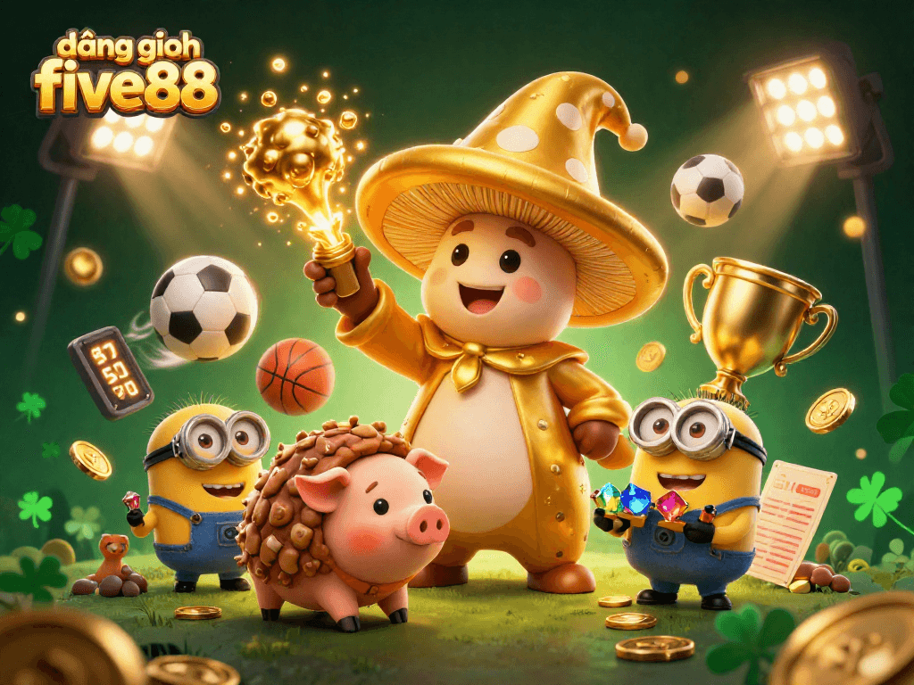 Engage in excitement with đăng nhập five88 as golden mushroom wizard conjures treasures in a lively casino scene.