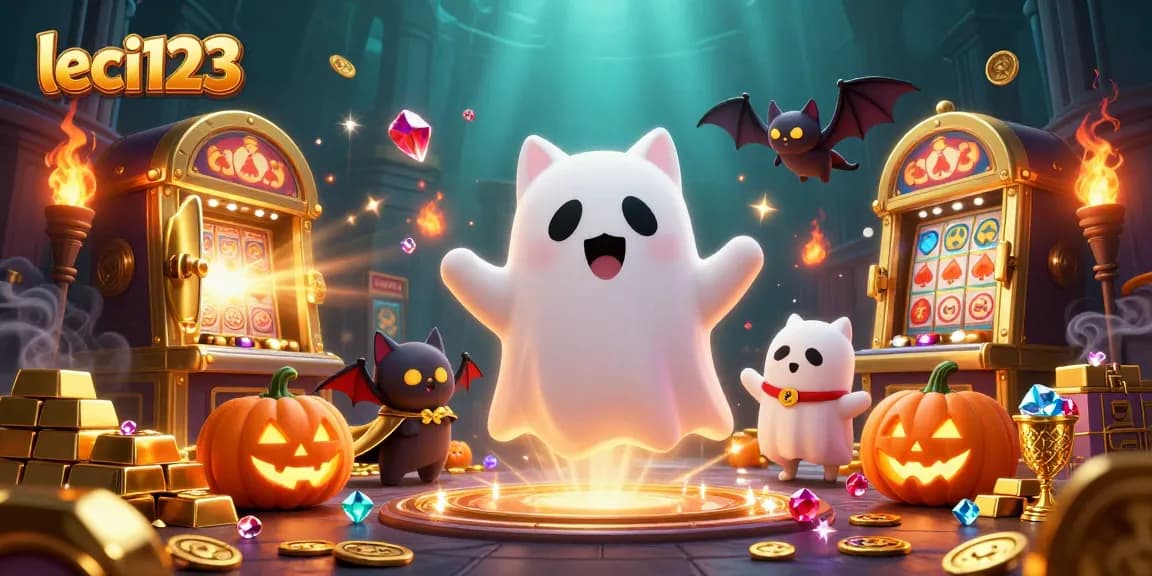 Experience the thrilling world of leci123 with a ghost cat and treasures in a haunted casino.
