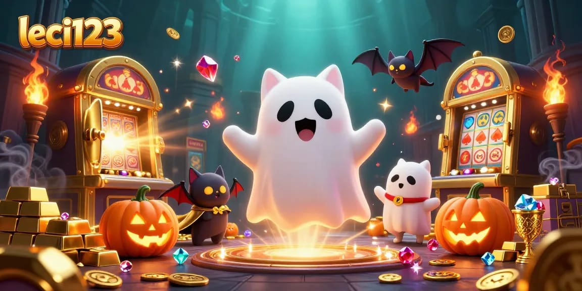 Experience the thrilling world of leci123 with a ghost cat and treasures in a haunted casino.