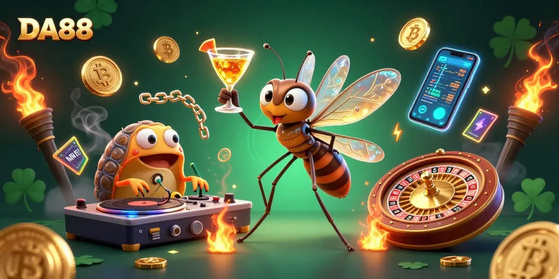 DA88 casino mascot brings excitement with vibrant golden elements and crypto graphics.
