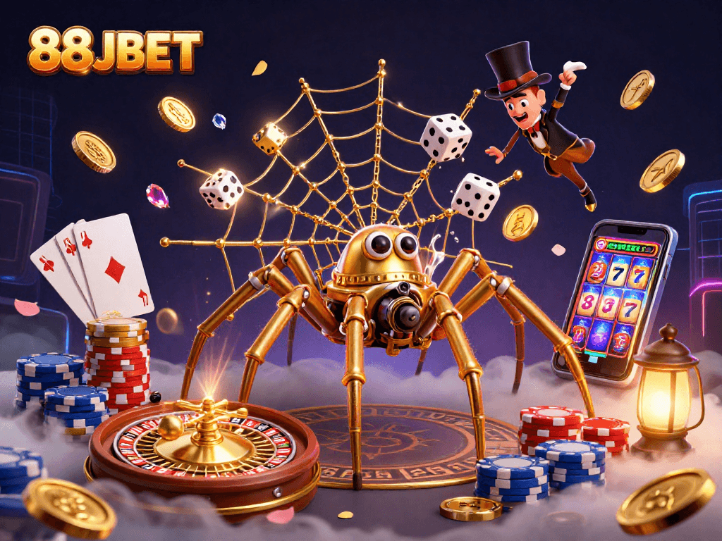 Engage with 88JBET's thrilling casino experience featuring a steampunk spider capturing dice and poker chips.