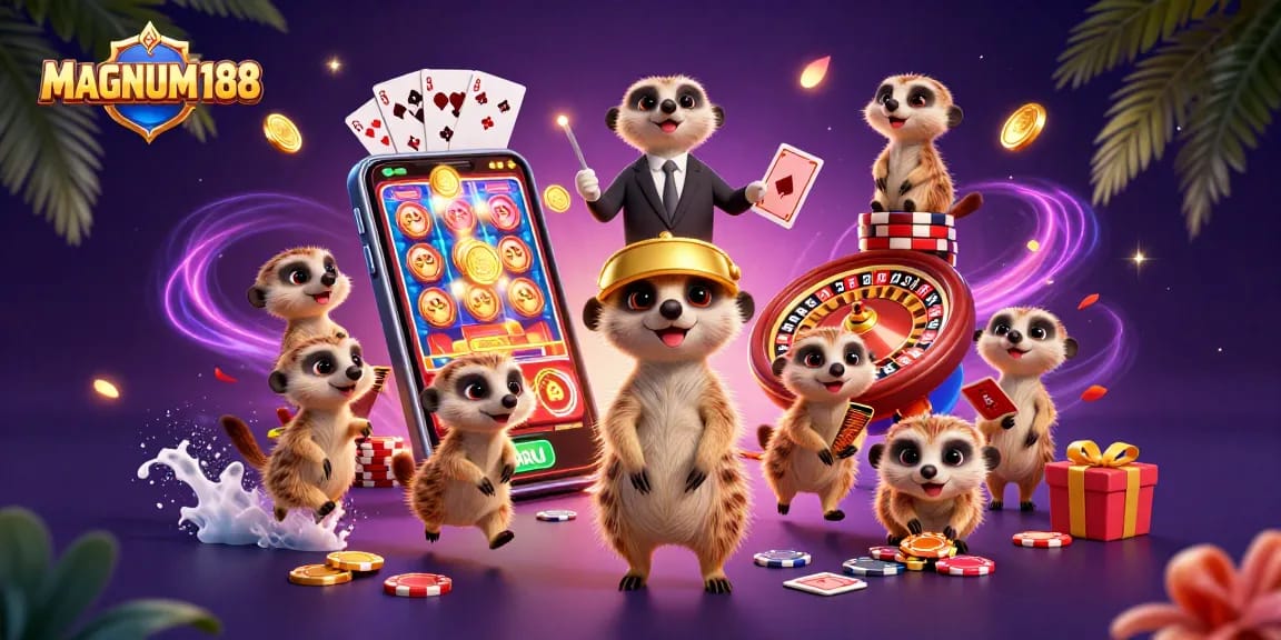 MAGNUM188 offers exhilarating gameplay with meerkats managing a vibrant casino in this colorful illustration.
